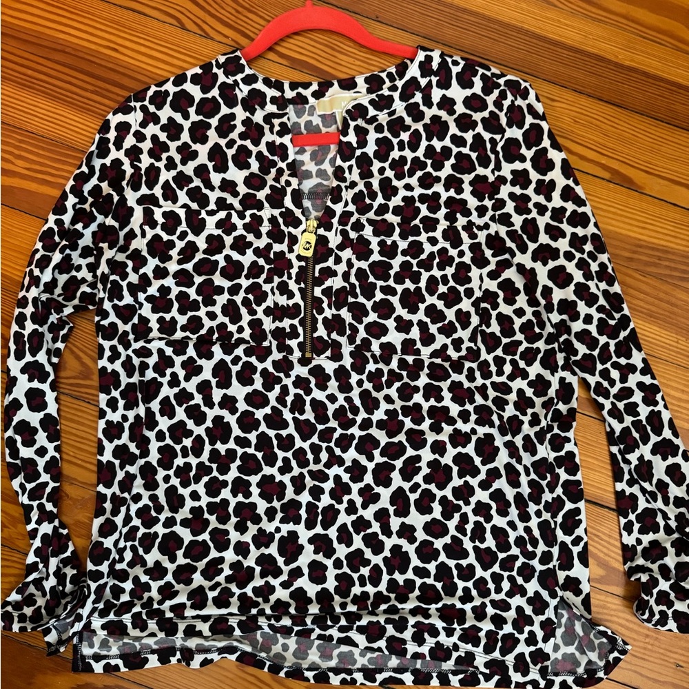 Michael Kors Quarter Zip cheetah print blouse size L